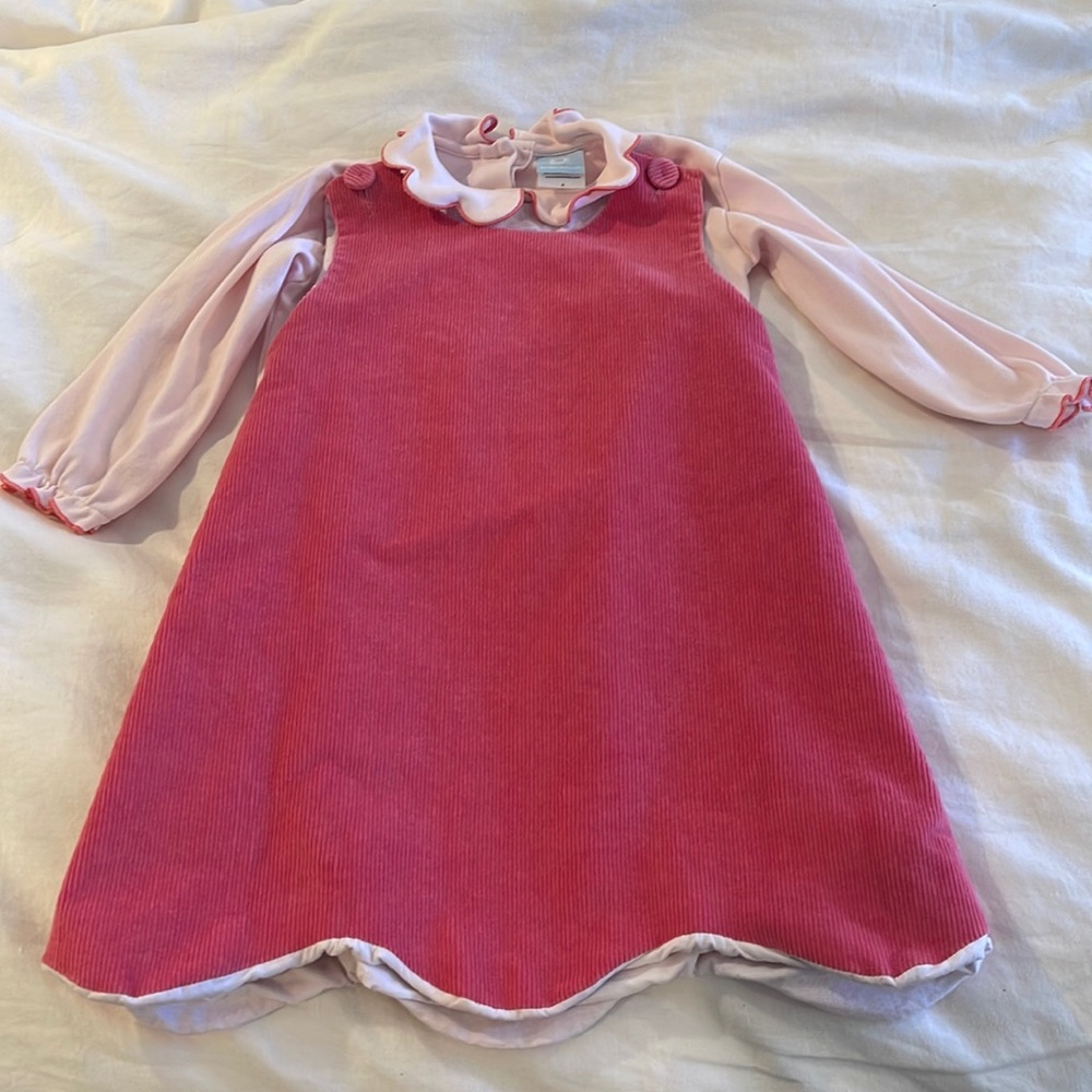 Bella Bliss pink corduroy dress with long sleeve pink top.